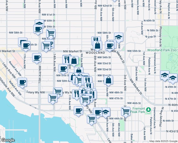 map of restaurants, bars, coffee shops, grocery stores, and more near 815 Northwest 51st Street in Seattle