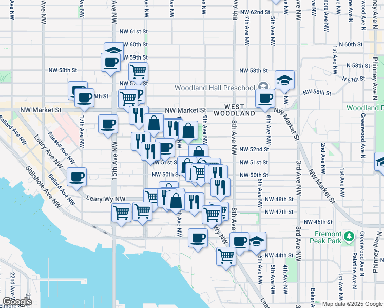 map of restaurants, bars, coffee shops, grocery stores, and more near 929 Northwest 51st Street in Seattle