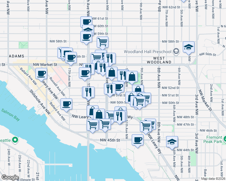 map of restaurants, bars, coffee shops, grocery stores, and more near 1153 Northwest 51st Street in Seattle
