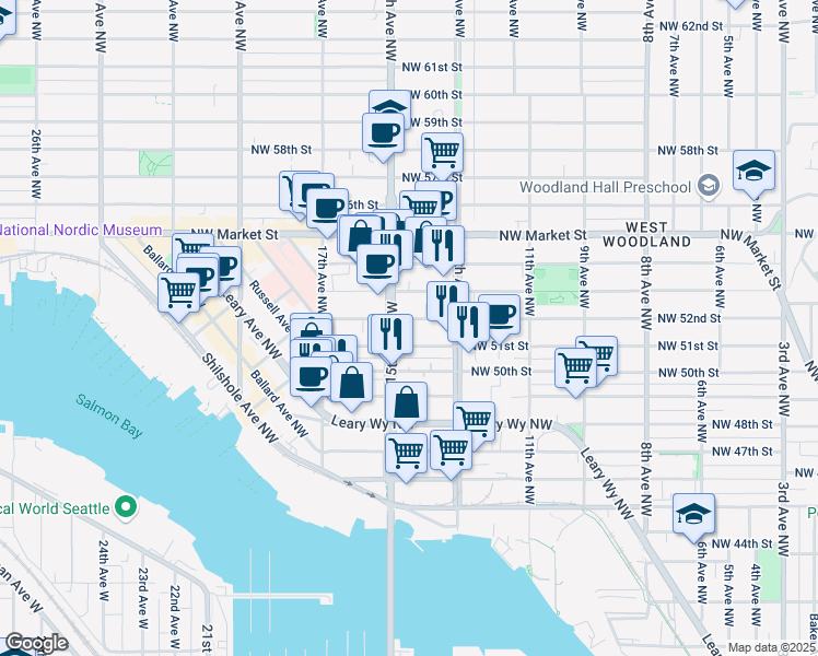 map of restaurants, bars, coffee shops, grocery stores, and more near 5020 15th Avenue Northwest in Seattle