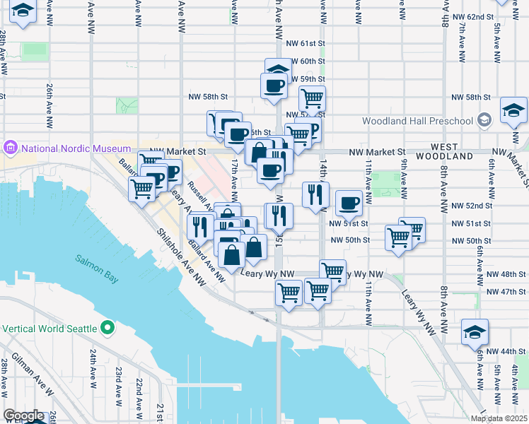 map of restaurants, bars, coffee shops, grocery stores, and more near 1521 Northwest 51st Street in Seattle