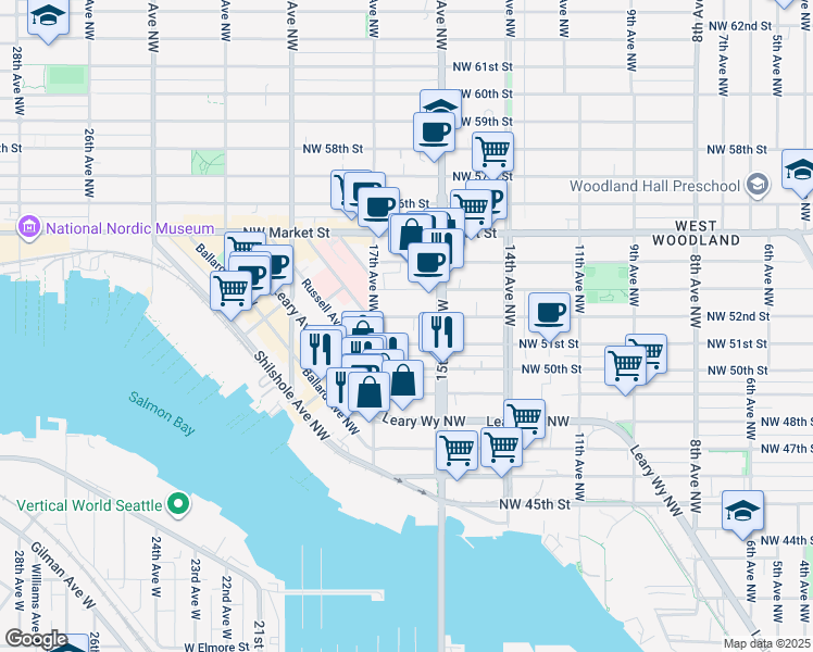 map of restaurants, bars, coffee shops, grocery stores, and more near 1521 Northwest 51st Street in Seattle