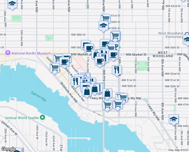 map of restaurants, bars, coffee shops, grocery stores, and more near 1521 Northwest 51st Street in Seattle