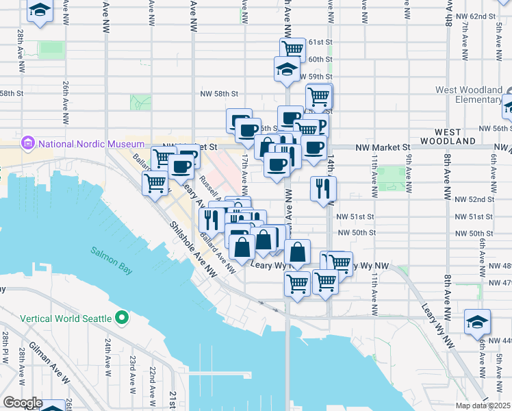 map of restaurants, bars, coffee shops, grocery stores, and more near 1521 Northwest 51st Street in Seattle