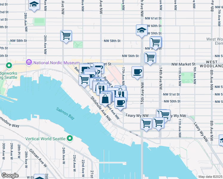 map of restaurants, bars, coffee shops, grocery stores, and more near in Seattle