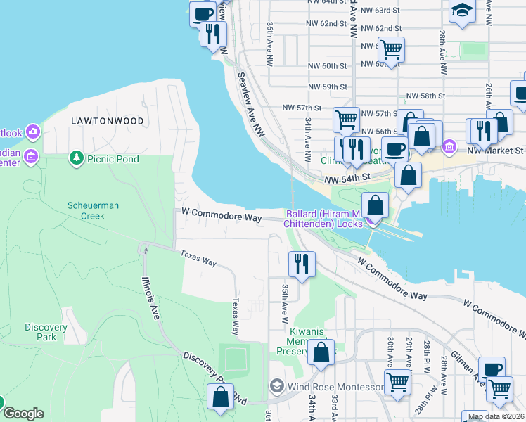 map of restaurants, bars, coffee shops, grocery stores, and more near 3621 West Commodore Way in Seattle