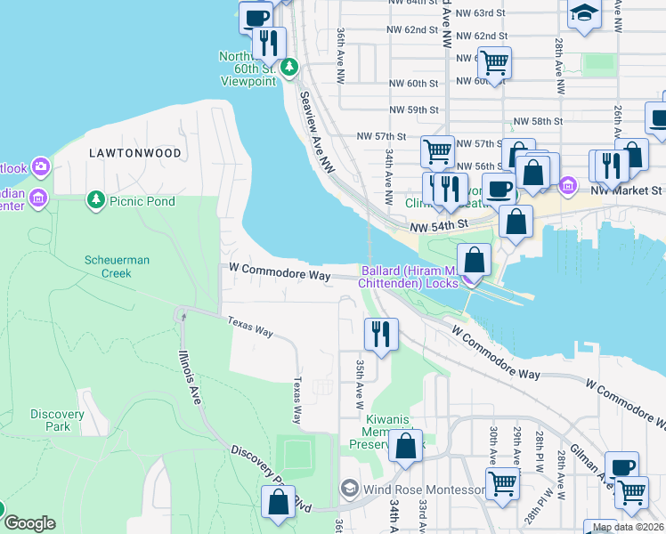 map of restaurants, bars, coffee shops, grocery stores, and more near 3621 West Commodore Way in Seattle