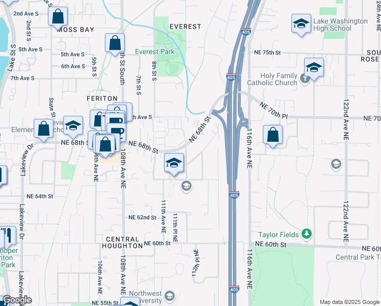 map of restaurants, bars, coffee shops, grocery stores, and more near 6734 112th Avenue Northeast in Kirkland