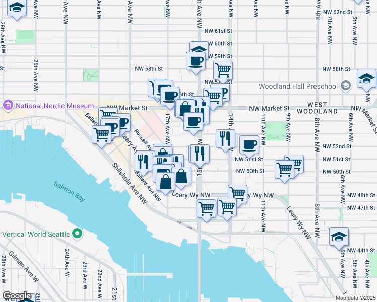 map of restaurants, bars, coffee shops, grocery stores, and more near 1521 Northwest 51st Street in Seattle