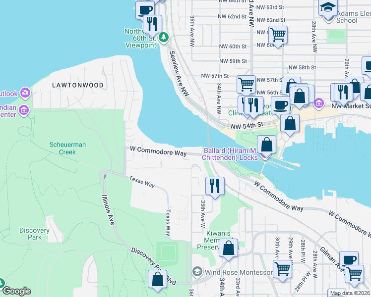 map of restaurants, bars, coffee shops, grocery stores, and more near 3621 West Commodore Way in Seattle