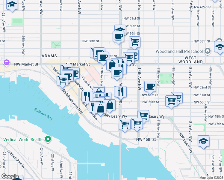 map of restaurants, bars, coffee shops, grocery stores, and more near 1525 Northwest 52nd Street in Seattle
