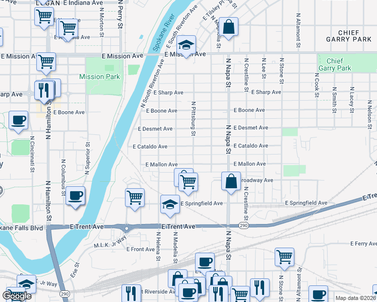 map of restaurants, bars, coffee shops, grocery stores, and more near 1803 East Mallon Avenue in Spokane