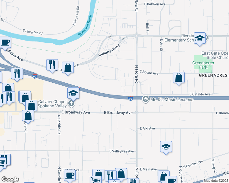 map of restaurants, bars, coffee shops, grocery stores, and more near 16818 East Desmet Court in Spokane Valley