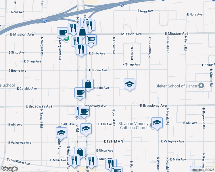 map of restaurants, bars, coffee shops, grocery stores, and more near 1026 North Willow Road in Spokane Valley