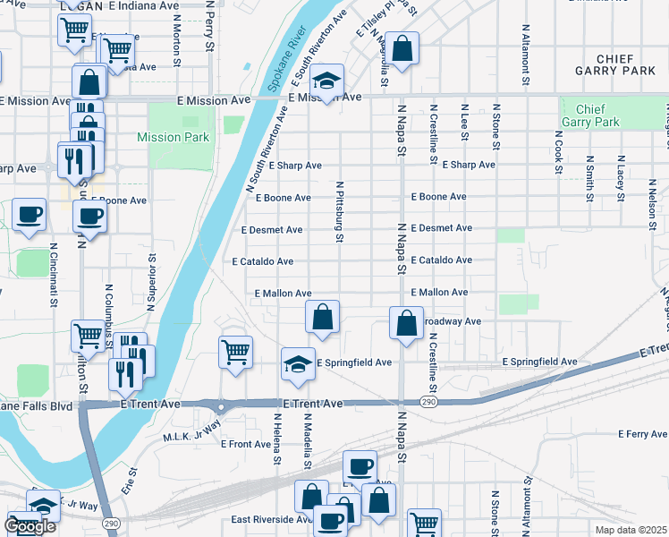 map of restaurants, bars, coffee shops, grocery stores, and more near 1724 East Cataldo Avenue in Spokane