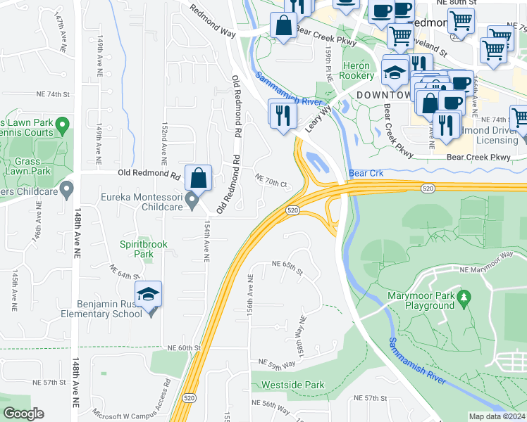 map of restaurants, bars, coffee shops, grocery stores, and more near 6830 156th Place Northeast in Redmond