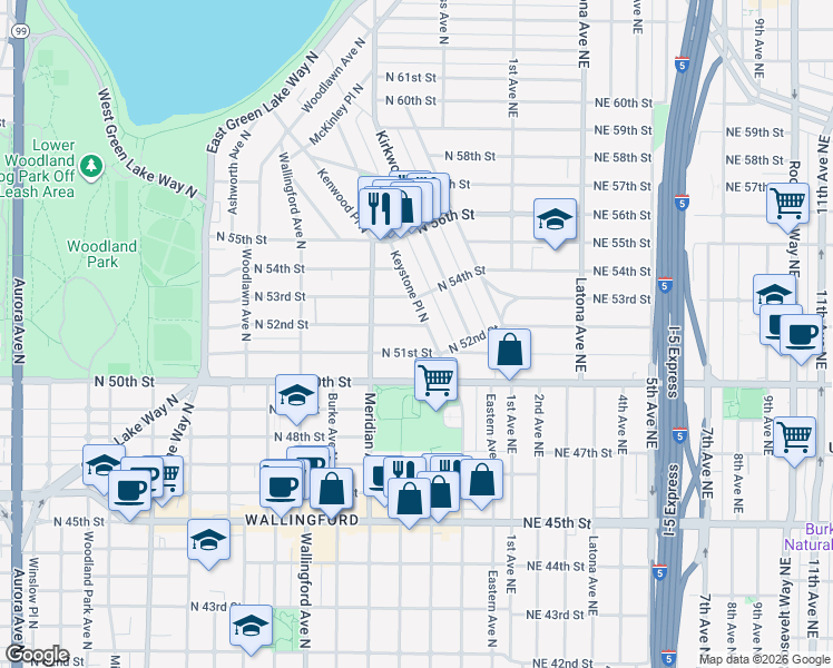 map of restaurants, bars, coffee shops, grocery stores, and more near 2129 North 53rd Street in Seattle