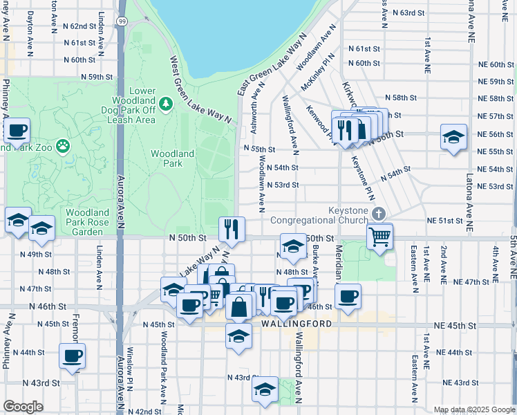 map of restaurants, bars, coffee shops, grocery stores, and more near 1429 North 53rd Street in Seattle