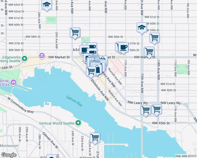 map of restaurants, bars, coffee shops, grocery stores, and more near 2106 Northwest Vernon Place in Seattle