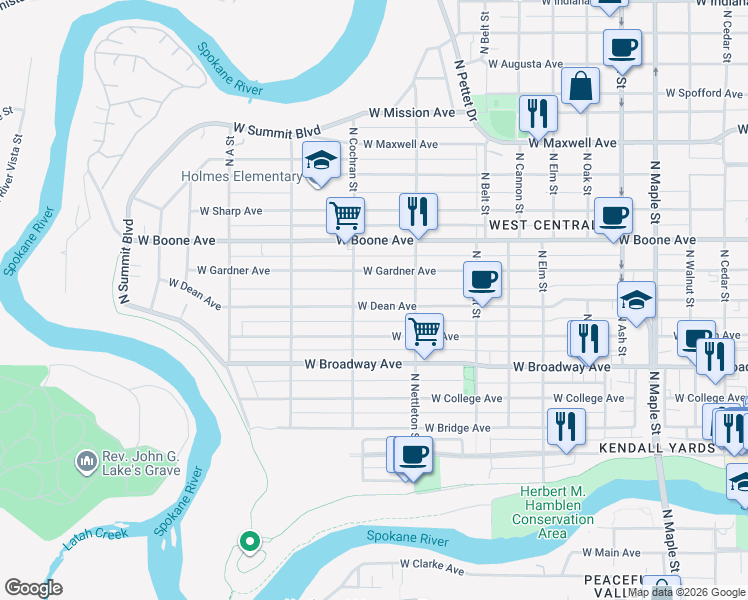 map of restaurants, bars, coffee shops, grocery stores, and more near 2410 West Dean Avenue in Spokane