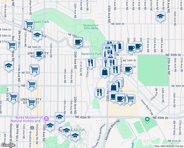 map of restaurants, bars, coffee shops, grocery stores, and more near 5117 Ravenna Avenue Northeast in Seattle
