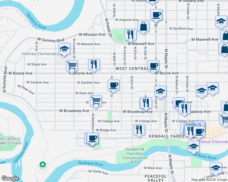 map of restaurants, bars, coffee shops, grocery stores, and more near in Spokane