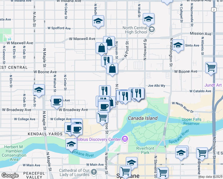 map of restaurants, bars, coffee shops, grocery stores, and more near 1102 North Monroe Street in Spokane