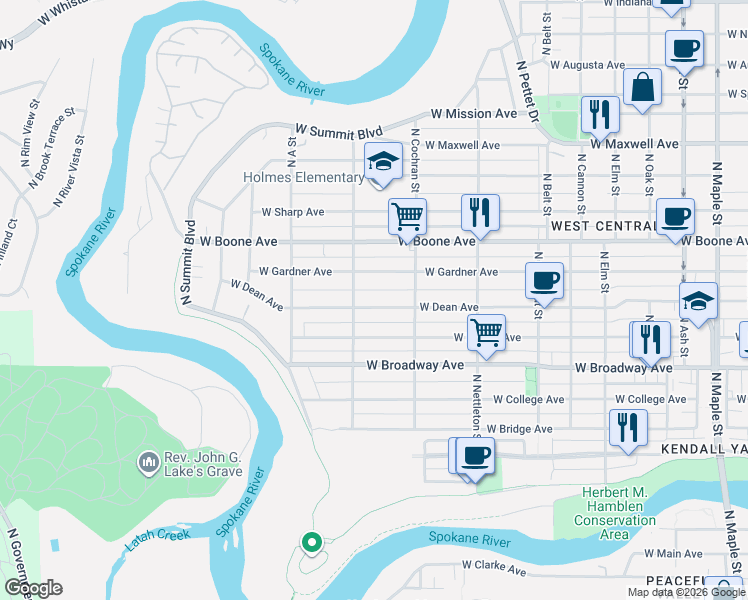 map of restaurants, bars, coffee shops, grocery stores, and more near 2601 West Gardner Avenue in Spokane