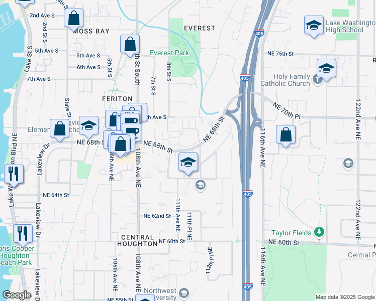 map of restaurants, bars, coffee shops, grocery stores, and more near 11120 Northeast 68th Street in Kirkland
