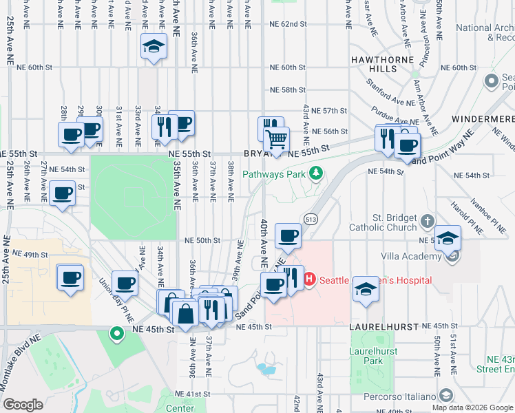 map of restaurants, bars, coffee shops, grocery stores, and more near 5110 40th Avenue Northeast in Seattle