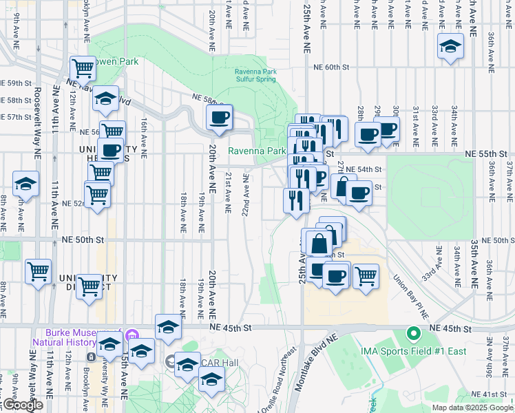 map of restaurants, bars, coffee shops, grocery stores, and more near 5222 22nd Avenue Northeast in Seattle