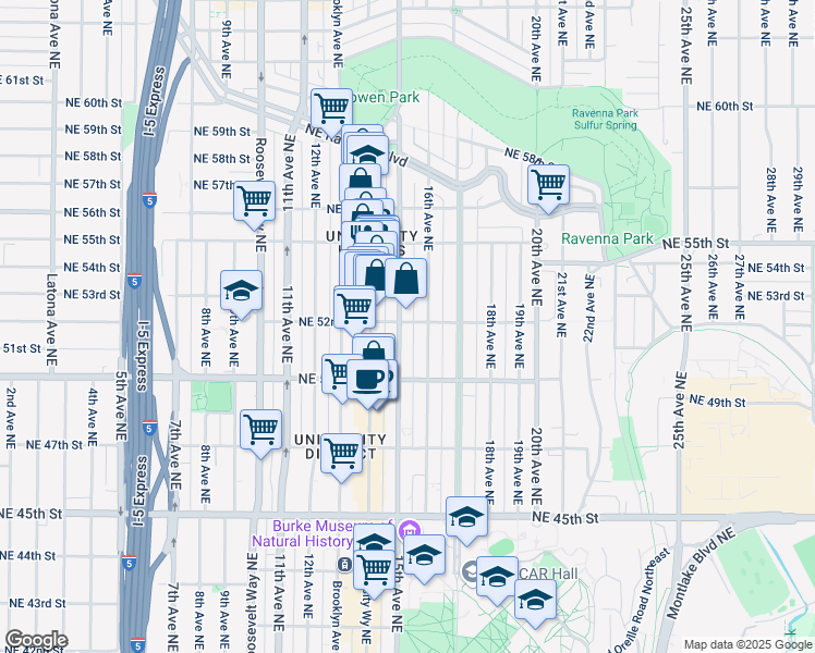 map of restaurants, bars, coffee shops, grocery stores, and more near 5218 15th Avenue Northeast in Seattle