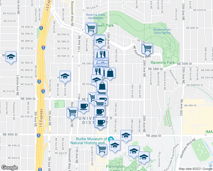 map of restaurants, bars, coffee shops, grocery stores, and more near 5218 15th Avenue Northeast in Seattle