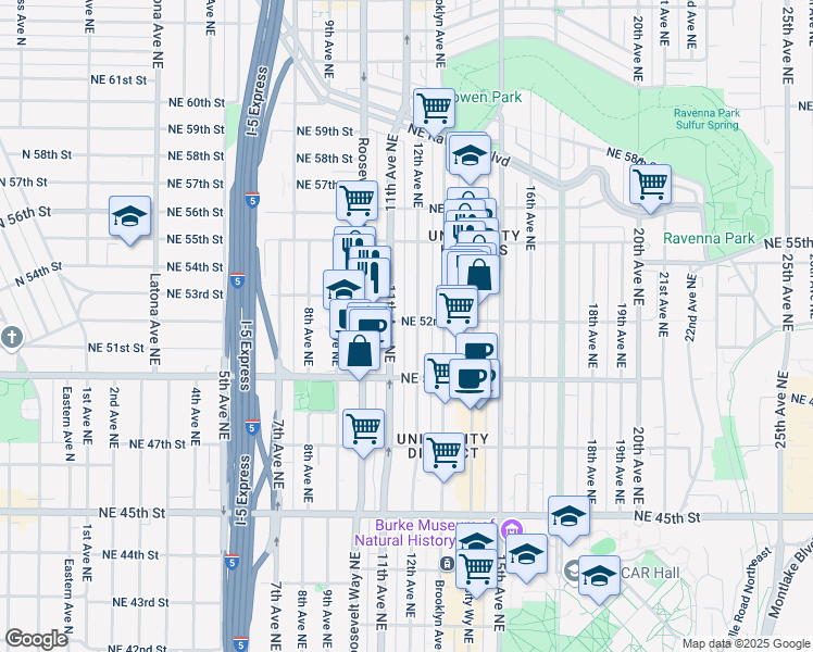 map of restaurants, bars, coffee shops, grocery stores, and more near 5214 11th Avenue Northeast in Seattle