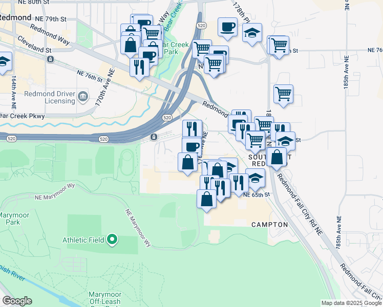 map of restaurants, bars, coffee shops, grocery stores, and more near 6975 176th Avenue Northeast in Redmond