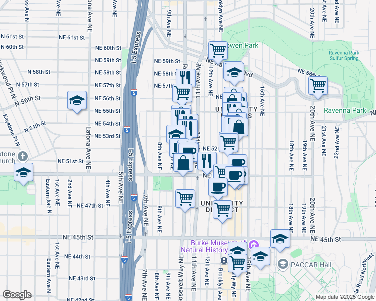 map of restaurants, bars, coffee shops, grocery stores, and more near 5220 Roosevelt Way Northeast in Seattle