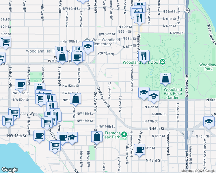 map of restaurants, bars, coffee shops, grocery stores, and more near 222 Northwest 52nd Street in Seattle