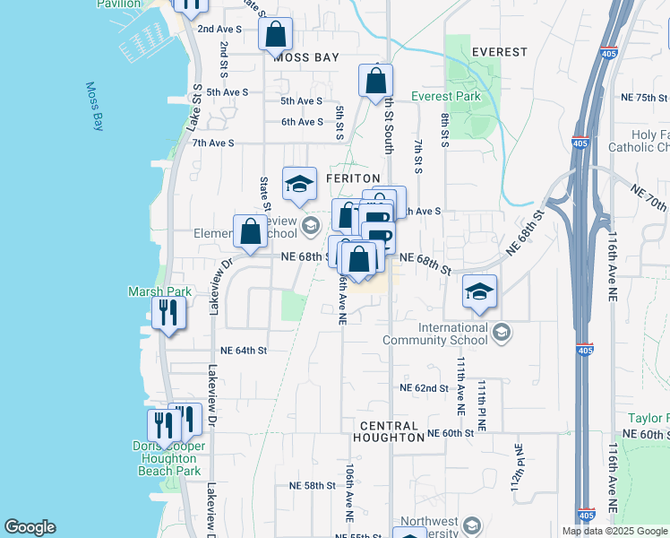 map of restaurants, bars, coffee shops, grocery stores, and more near 6719 106th Avenue Northeast in Kirkland