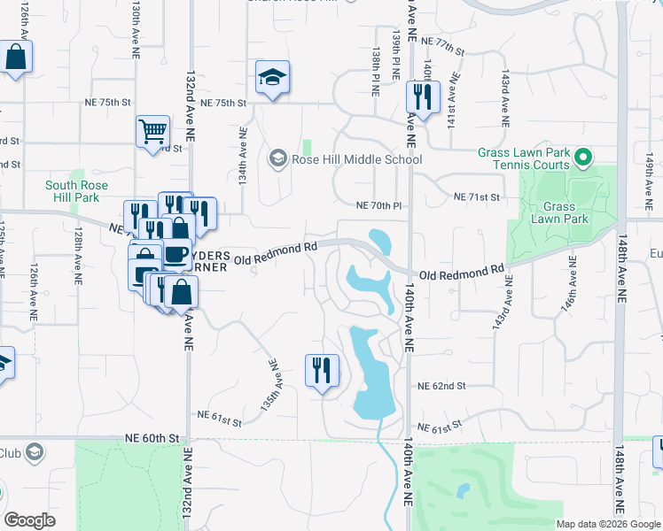 map of restaurants, bars, coffee shops, grocery stores, and more near 6778 137th Place Northeast in Redmond