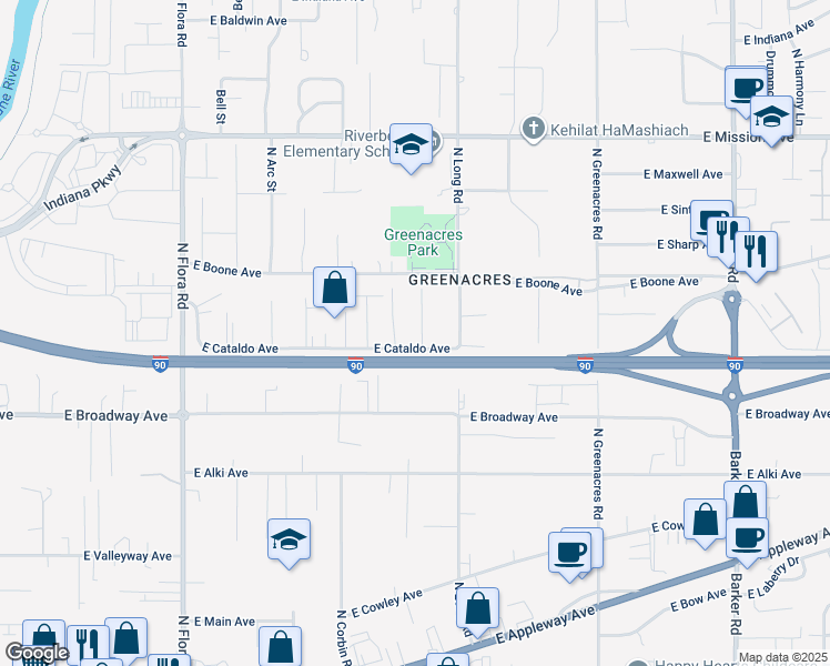 map of restaurants, bars, coffee shops, grocery stores, and more near 1005 N Manifold Ln in Spokane Valley
