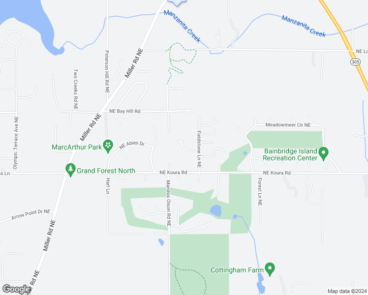 map of restaurants, bars, coffee shops, grocery stores, and more near 7862 Northeast Koura Farm Drive in Bainbridge Island