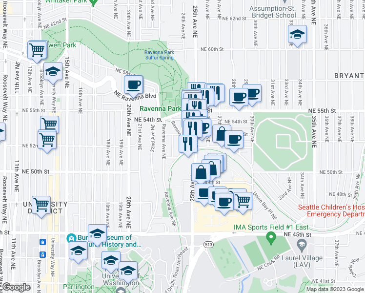 map of restaurants, bars, coffee shops, grocery stores, and more near 5114 24th Avenue Northeast in Seattle