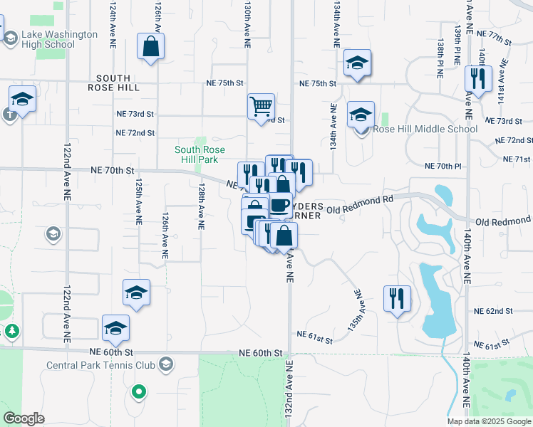 map of restaurants, bars, coffee shops, grocery stores, and more near 13033 Northeast 70th Place in Kirkland