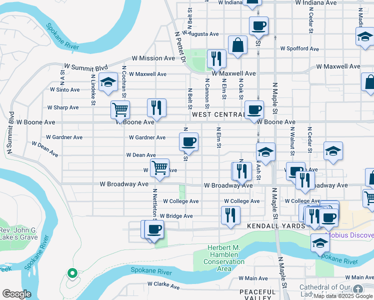 map of restaurants, bars, coffee shops, grocery stores, and more near in Spokane