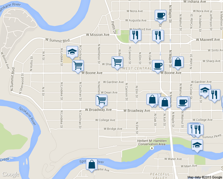 map of restaurants, bars, coffee shops, grocery stores, and more near 2119 West Gardner Avenue in Spokane
