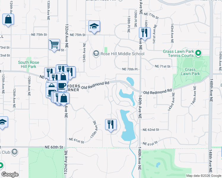 map of restaurants, bars, coffee shops, grocery stores, and more near 13680 Northeast 69th Street in Redmond
