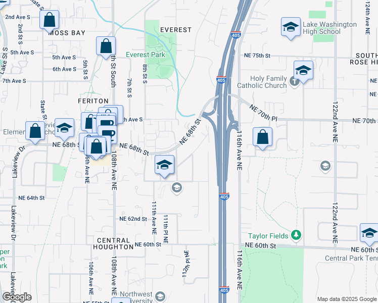 map of restaurants, bars, coffee shops, grocery stores, and more near 11225 Northeast 68th Street in Kirkland