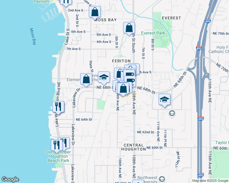 map of restaurants, bars, coffee shops, grocery stores, and more near 10512 Northeast 68th Street in Kirkland