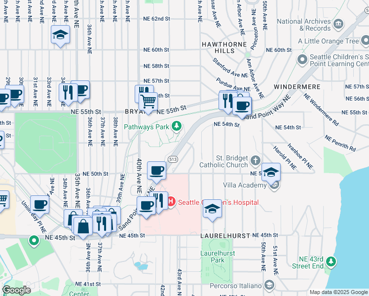 map of restaurants, bars, coffee shops, grocery stores, and more near 15 Mithun Place Northeast in Seattle