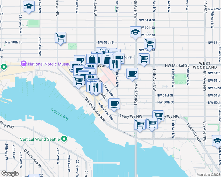 map of restaurants, bars, coffee shops, grocery stores, and more near 1819 Northwest Central Place in Seattle